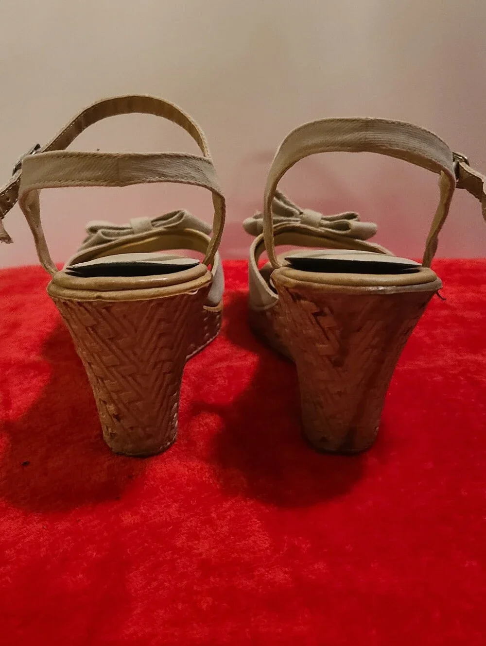 Made in Mexico, khakhi canvas sandals with bows and carved wedge, 6